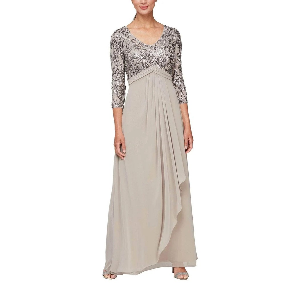 Alex Evenings Gown NWT 6 Sequin Empire Waist 3/4 Sleeve Wedding Guest Formal